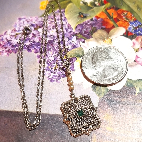 1920s SOLID 10KT GOLD Art Deco Emerald Lavaliere Necklace - Picture 6 of 8